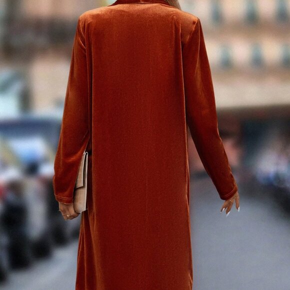 Burnt Orange Casual Womens Shawl Collar Open Front Velvet Coat - Picture 2 of 6
